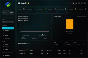 Dashboard showing real-time packet statistics, neighbor discovery, and system status
