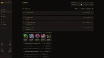 Token browser showing character tokens and portraits