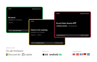 Spacepad meeting room display showing room availability and booking interface