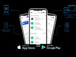 Mobile app screens showing security features, stopwatch, full browser parity, and quick approvals