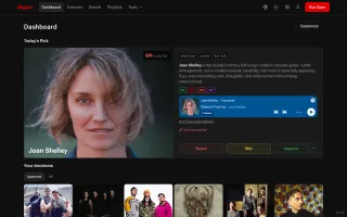 Dashboard in dark theme showing Today's Pick, Your decisions, Listening, Genres, and Subscriptions cards