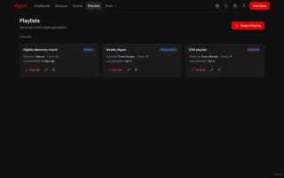 Playlists page with Audition and export options
