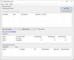 Main server status screen showing feed status, web server state, and UPnP control