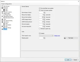 General options page with update checks, timeouts, and audio settings