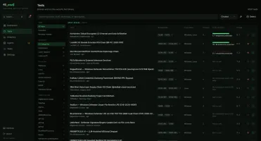 Test browser with facet rail for category, severity, platform, and threat-actor filters beside grouped test cards