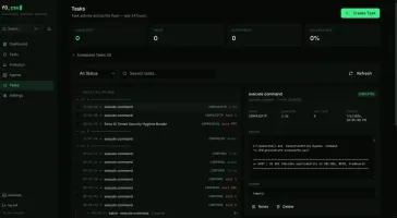 Live task stream with KPI strip, selected task detail panel showing agent, duration, exit code, and stdout