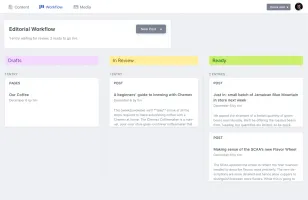 Editorial workflow view showing draft, review and publish states