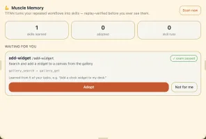 Muscle Memory widget showing a replay-verified learned skill awaiting adoption