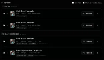 Snapshot history view showing version timeline