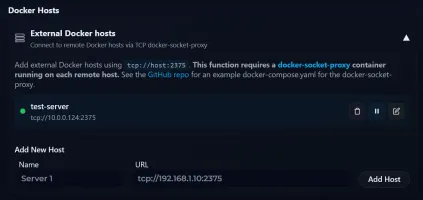 External Docker hosts management screen