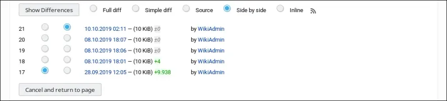 Compare page revisions diff view