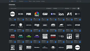 Channels page with searchable channel grid by country and category