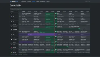 Horizontal timeline EPG guide with sticky channel column and current-time indicator