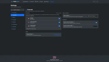 Settings page with eight sections including channels, sports, sources, players, streaming, security, and system