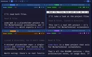Grid view with four live Claude sessions in color-coded projects