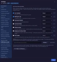 Settings modal with sidebar of grouped sections