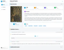 Book details page with metadata, highlights, and annotations