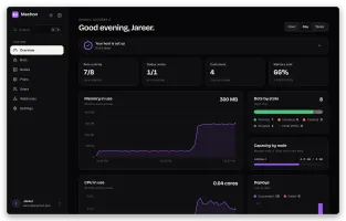 Mechon dashboard showing bots by state, memory in use, deploys and node capacity