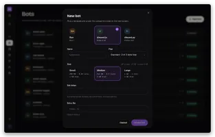Creating a new bot from a template, picking size and pasting token
