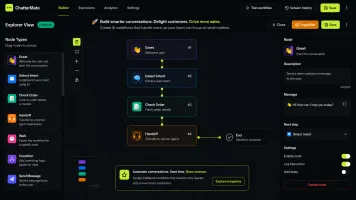 No-code AI chatbot workflow builder with drag-and-drop nodes and human handoff