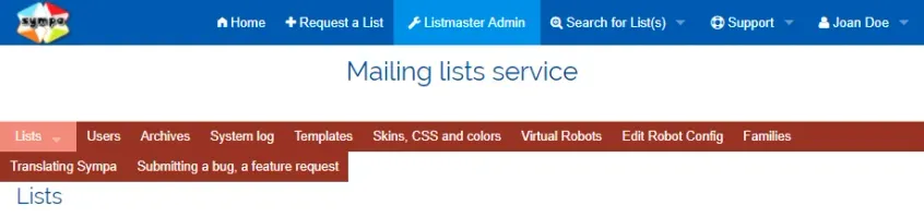 Listmaster portal menu in desktop view