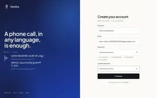 VoicEra dashboard sign-up form