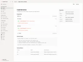 OpenMA Console showing agent configuration, integrations, and version history in light mode
