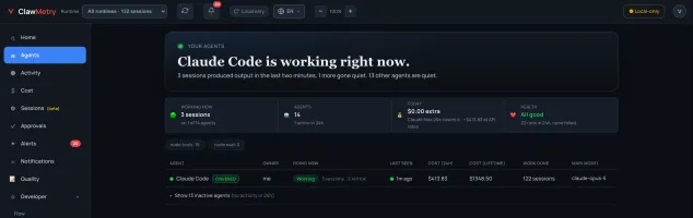 Agent list showing every runtime on machine with cost and owner