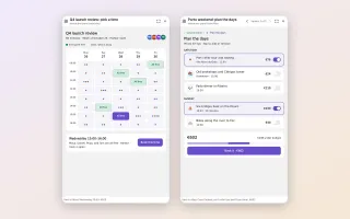 Agent canvases showing week grid of free meeting slots and weekend trip planner with budget