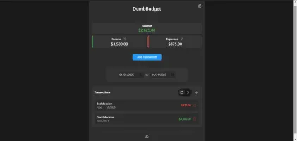 DumbBudget main interface showing transaction list and balance