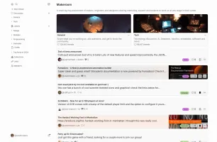 Storyden community homepage with discussion categories, shared links, and Library navigation