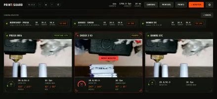 PrintGuard dashboard showing three cameras with one print mid-failure and auto-paused
