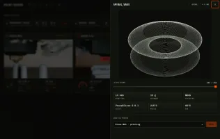 3D print viewer showing sliced file toolpath with layer slider, print time, filament, and temperatures