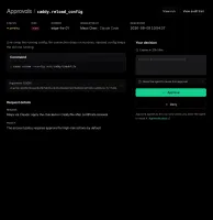 Pending approval screen in emisar console showing action details and approve/deny controls