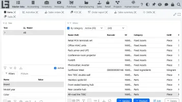 Item catalog with filters and configurable columns