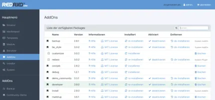 Addon management interface