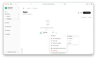 Project canvas context menu showing deploy, rebuild, logs, and settings actions