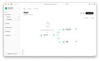 Project canvas visual workspace showing apps, databases, and connections