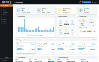 Dashboard showing clients, recovery points, job activity, storage and upcoming backups in light theme