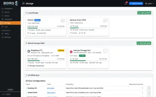 Storage locations including local, BorgBase and Hetzner with S3 sync