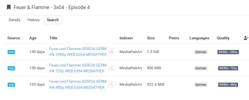 MediathekArr web interface showing search results