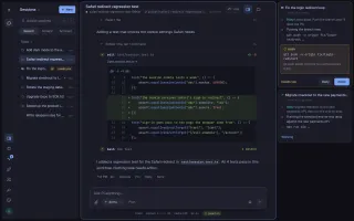 Wide screen desktop view with session list, conversation timeline with diffs, and peek tiles of other sessions