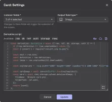 Derivative field settings modal with inline code editor