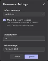 Column settings: default value, character limit and validation regex
