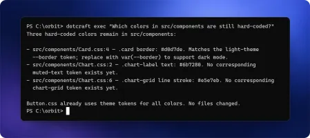 Terminal running dotcraft exec command with agent response