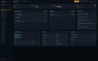 Rackpad dark operations dashboard showing inventory totals, health status, capacity, and recent activity