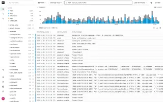 Rootprint log explorer with field sidebar, frequency histogram, and log lines table
