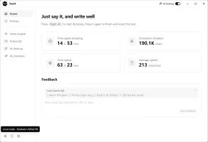Home screen showing dictation stats and feedback box