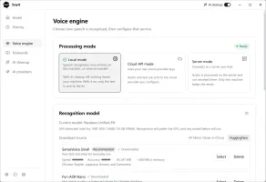 Voice engine settings with Local, Cloud API, and Server mode cards