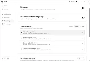 AI cleanup settings with built-in presets and per-app rules